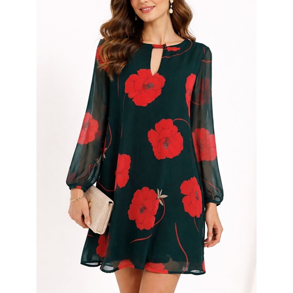 Floral Print Mini Dress Long Sleeve A Line Chiffon Lined Teal Orange Size S NEW